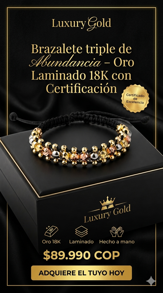 "Brazalete  tres carriles de Abundancia  – Oro Laminado 18K con Certificación 🔥"